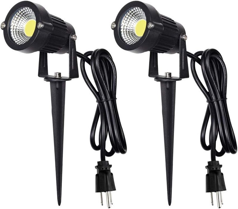 Z_جوده وثقه Outdoor Landscape LED Lighting 5W Waterproof Graden Lights COB Led Spotlights with Spiked Stand for Lawn Decorative Lamp US 3- Plug 6500K Daylight White Lights (2 Packs) - Image 1